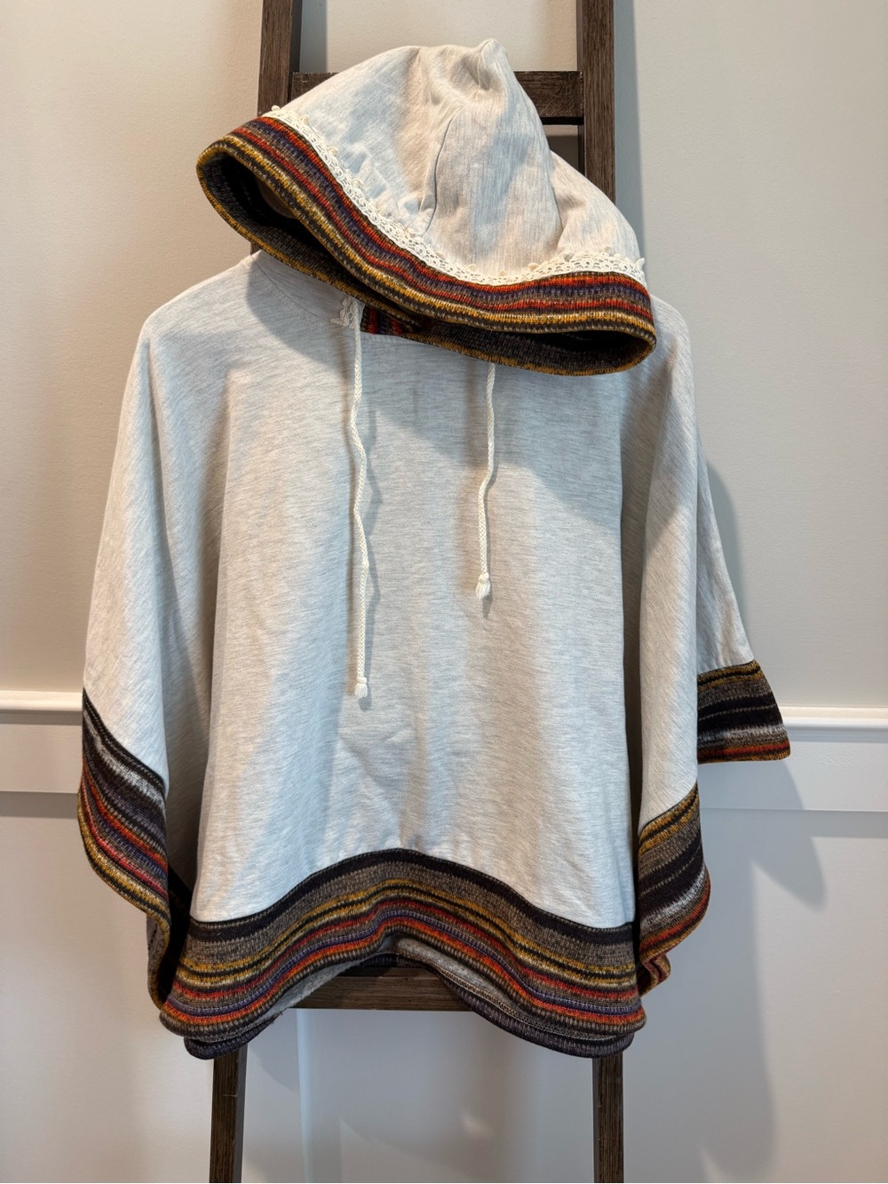 Altar'd State xs/s Hooded Poncho with Multicolor Stripe Trim boho